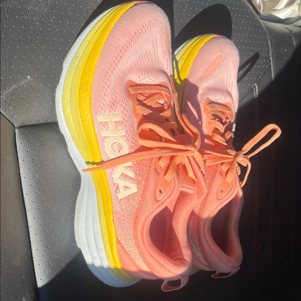 Hoka Women's Coral and Yellow Athletic Shoes